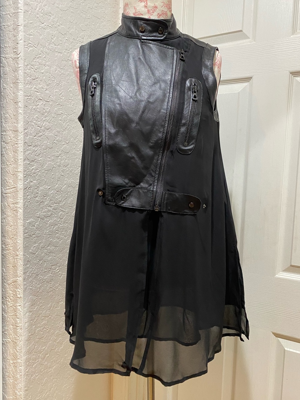 RUDSAK Leather Chiffon Moto Jacket Sleeveless Blouse Sz XS/S Black Biker Gothic